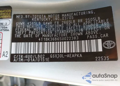 2005 Toyota Avalon Limited из США, поврежденный, VIN 4T1BK36B65U022383